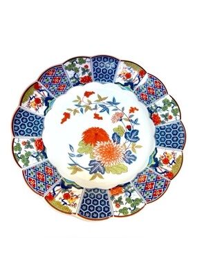 TONO Imari‎ Ware Dinner Plate 10” Scalloped Rim Floral Red & Blue Japan Vintage